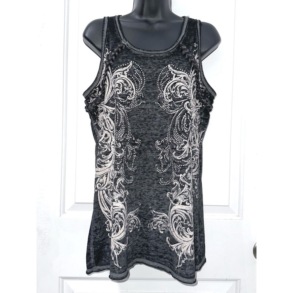 Maurices semi-sheer black tank top with a white rhinestone graphic design